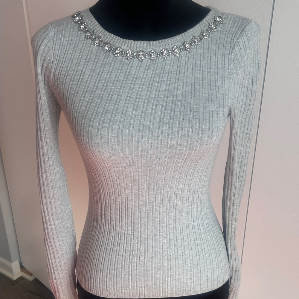 Express Gray Ribbed Crewneck Sweater with Embellished Neckline